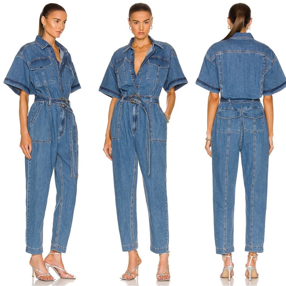 FRAME • Arie Jumpsuit in Eugenia blue jean denim coverall boiler suit utility